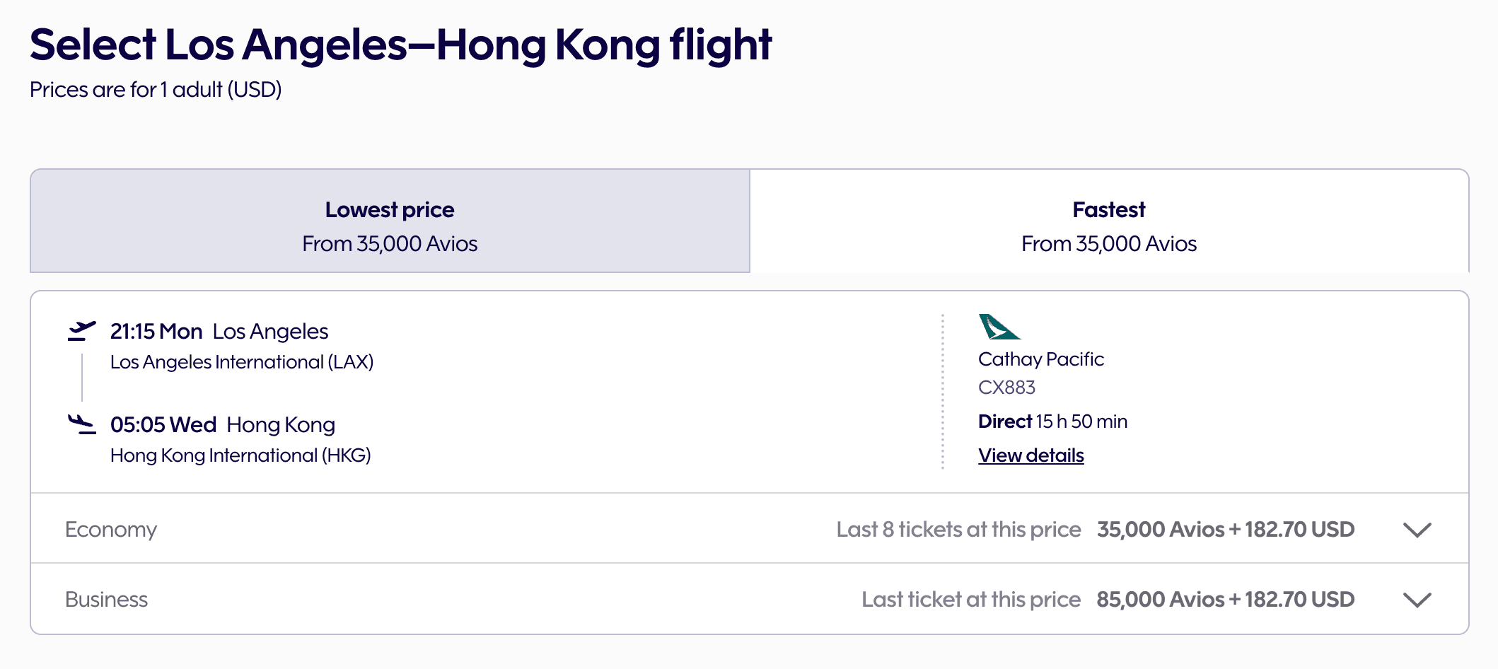 Cathay Pacific Biz to Hong Kong from 85k Points