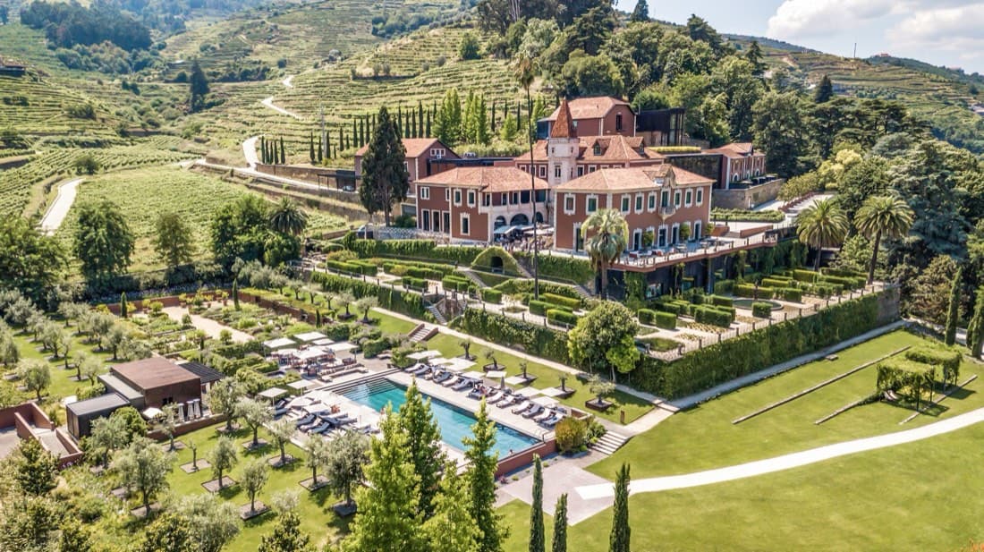 Aerial view of Six Senses Douro Valley among vineyards in Portugal