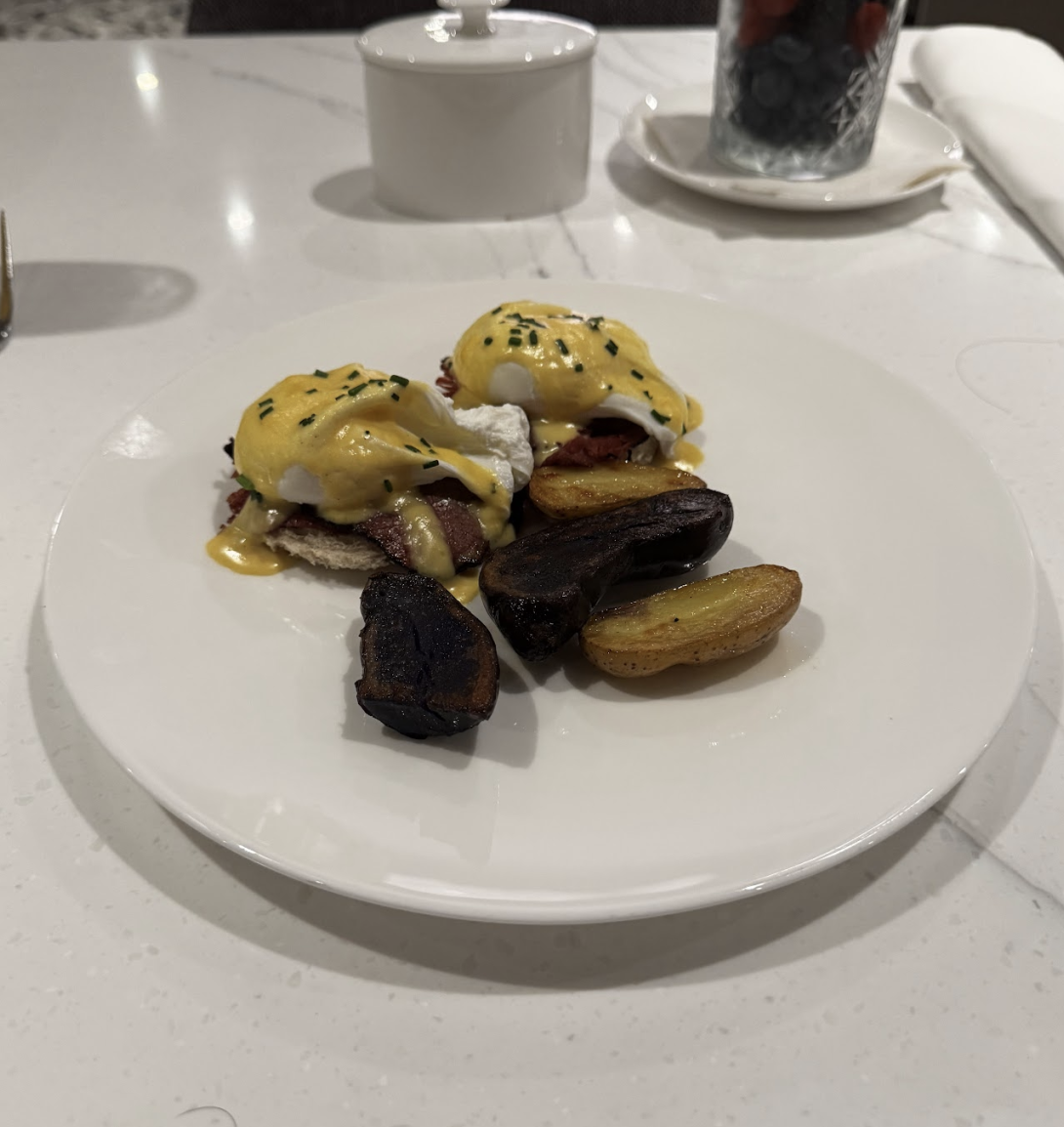 Eggs benedict at AA Flagship Lounge