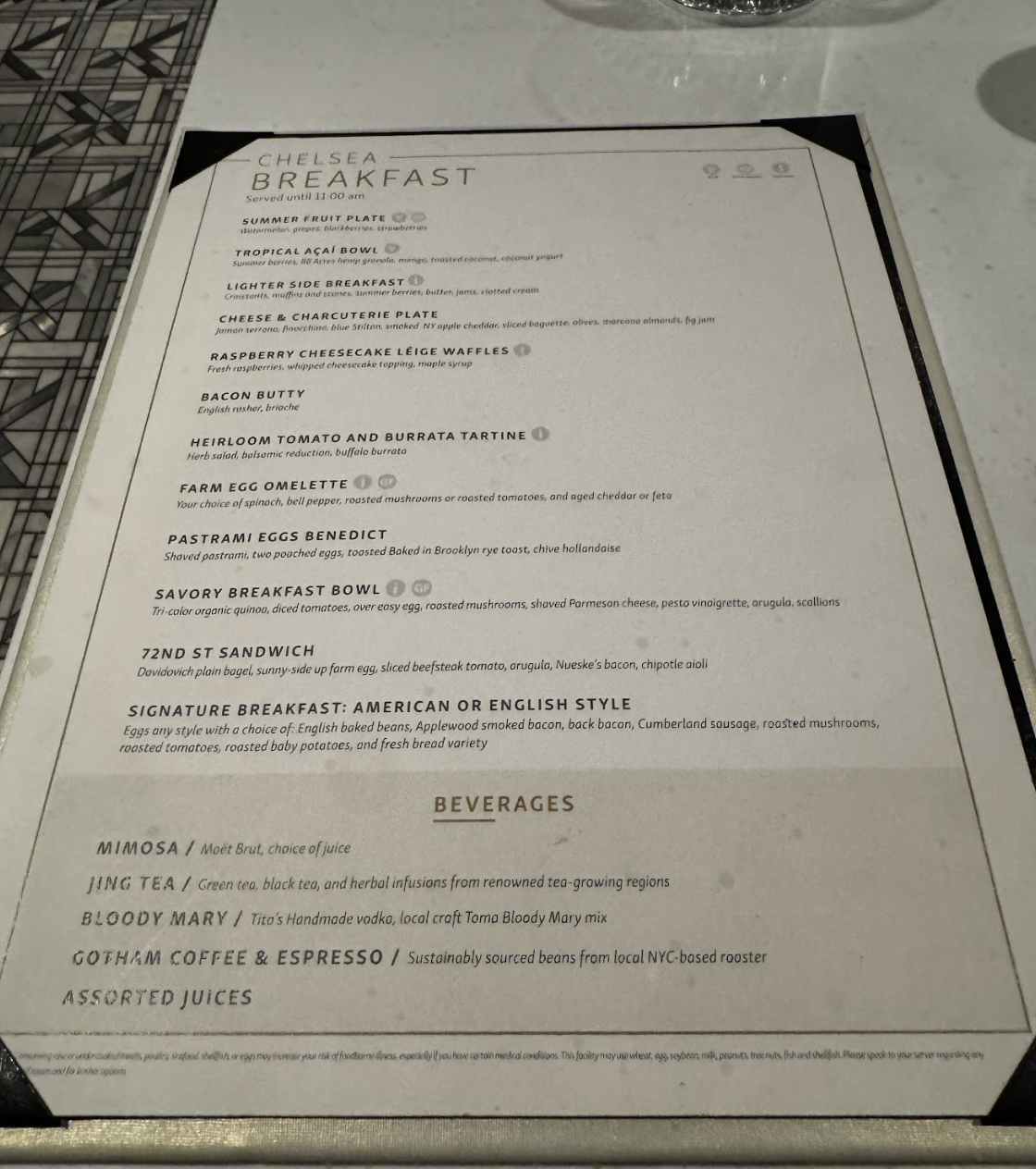 Chelsea Lounge breakfast menu at JFK